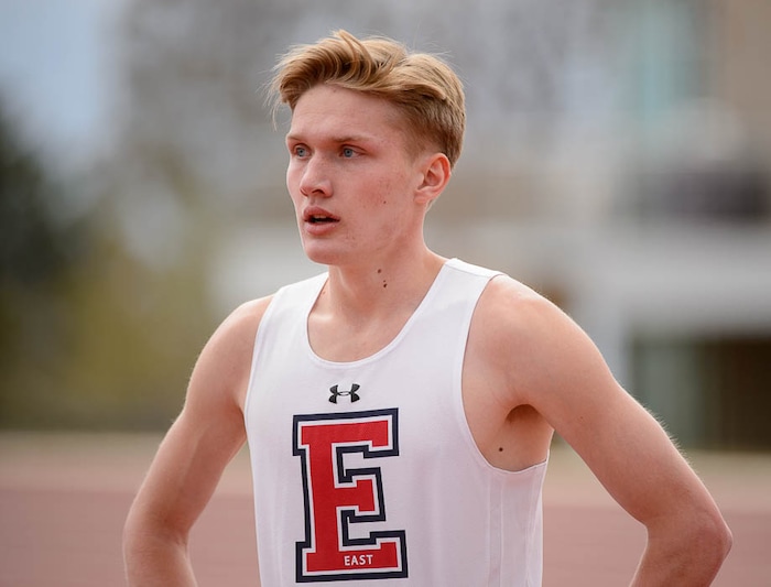 (Trent Nelson | The Salt Lake Tribune)  East track star Will Prettyman, one of the state's best long jumpers and sprinters, competing in the 100m, Thursday April 5, 2018.