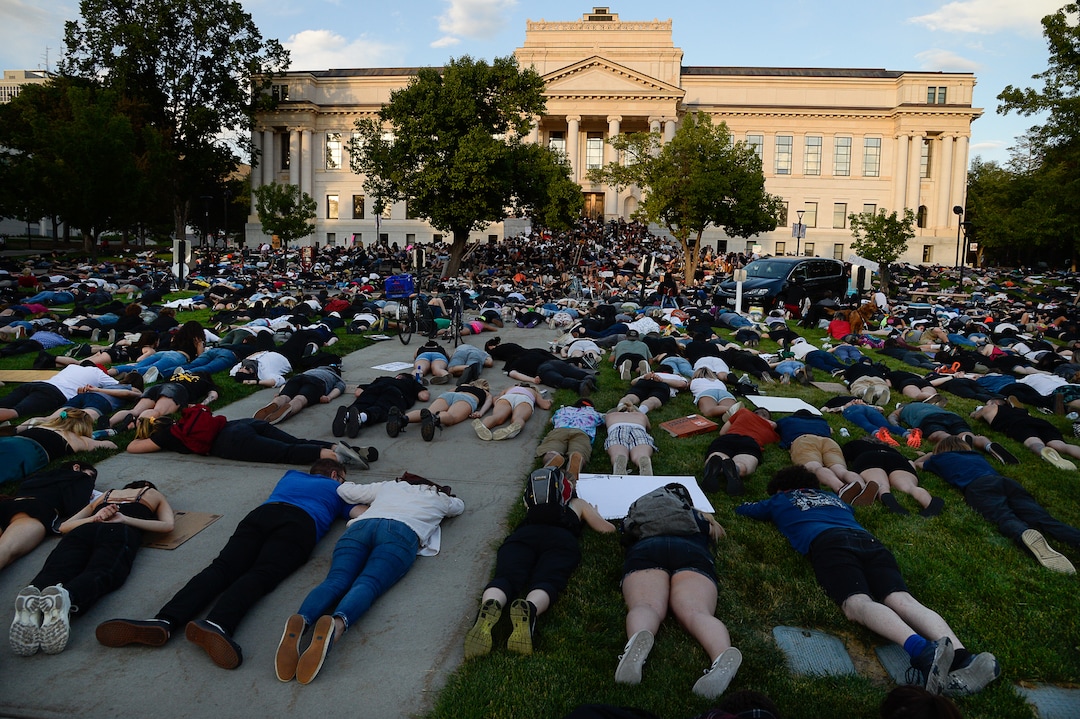 (Francisco Kjolseth  |  The Salt Lake Tribune) Demonstrators protesting against police brutality lay down in silence in honor of George Floyd on President's Circle at the University of Utah on Wednesday, June 3, 2020, in Salt Lake City, as the initially set 8 p.m. weeklong curfew was removed.
