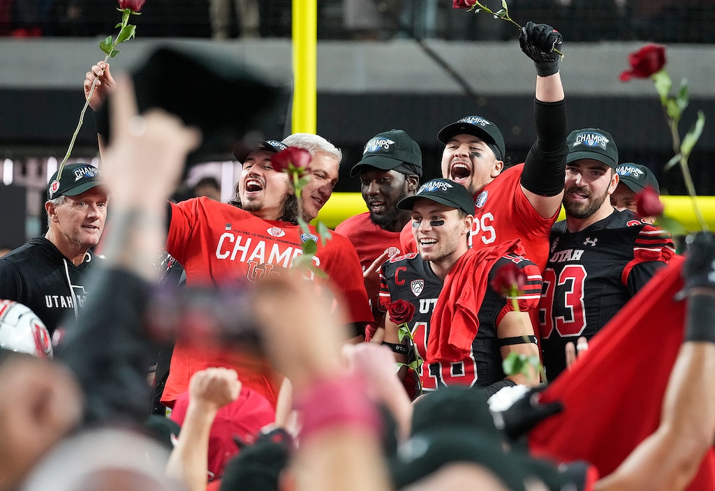 (Leah Hogsten | The Salt Lake Tribune) The Utes defeated the Oregon Ducks to win the 2021 Pac12 Football Championship title at Allegiant Stadium in Las Vegas, Dec 3, 2021. 