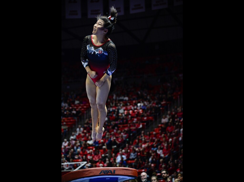 (Francisco Kjolseth  |  The Salt Lake Tribune)  Cristal Isa launches into the air for the vault as Utah hosts Penn State in their season opener at the Huntsman Center in Salt Lake City on Saturday, Jan. 5, 2019.