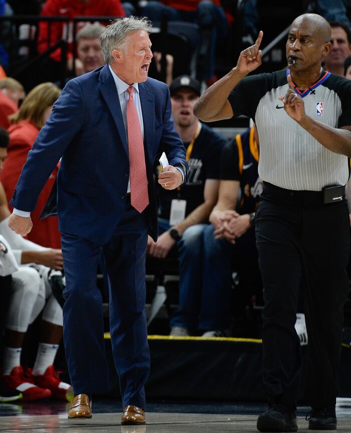 (Francisco Kjolseth  |  The Salt Lake Tribune)  Philadelphia 76ers head coach Brett Brown gets a technical foul as he blows up at the refs on a call as the Utah Jazz host the Philadelphia 76ers in their NBA basketball game at Vivint Smart Home Arena in Salt Lake City on Wednesday, Nov. 6, 2019.