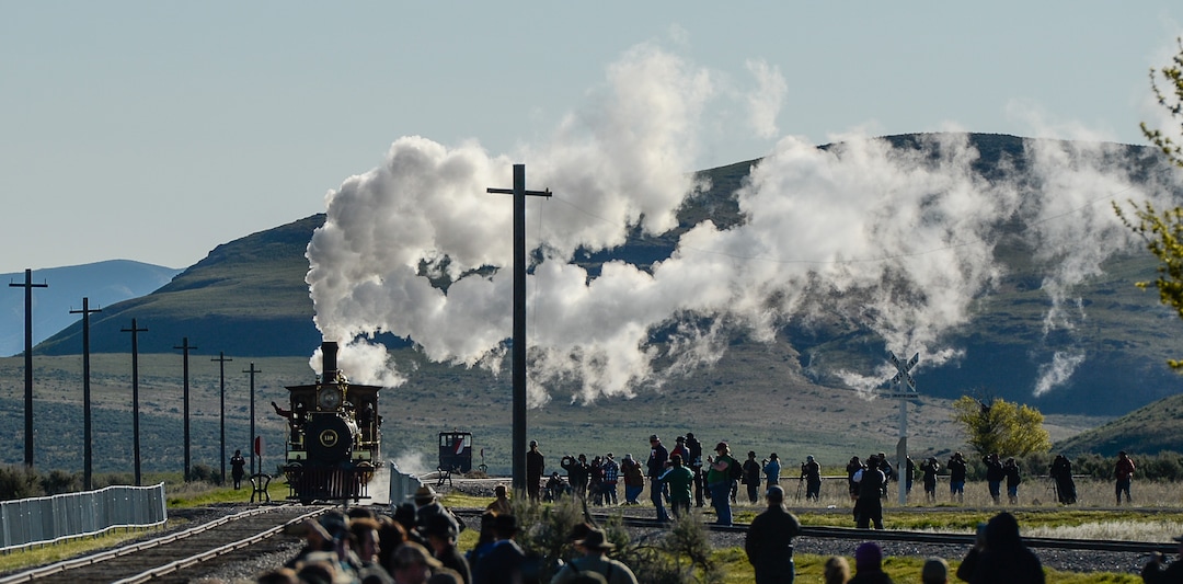 (Francisco Kjolseth  |  The Salt Lake Tribune)  The Jupiter and No. 119 arrive on Friday May 10, 2019, for the celebration of the 150th anniversary of the completion of the transcontinental railroad at Promontory Summit where the two rails met back on May 10, 1869.