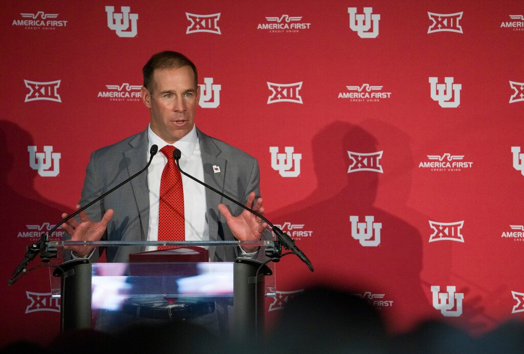 (Bethany Baker | The Salt Lake Tribune) Utah head football coach Morgan Scalley speaks during an introductory news conference at the University of Utah in Salt Lake City on Tuesday, Jan. 6, 2026.