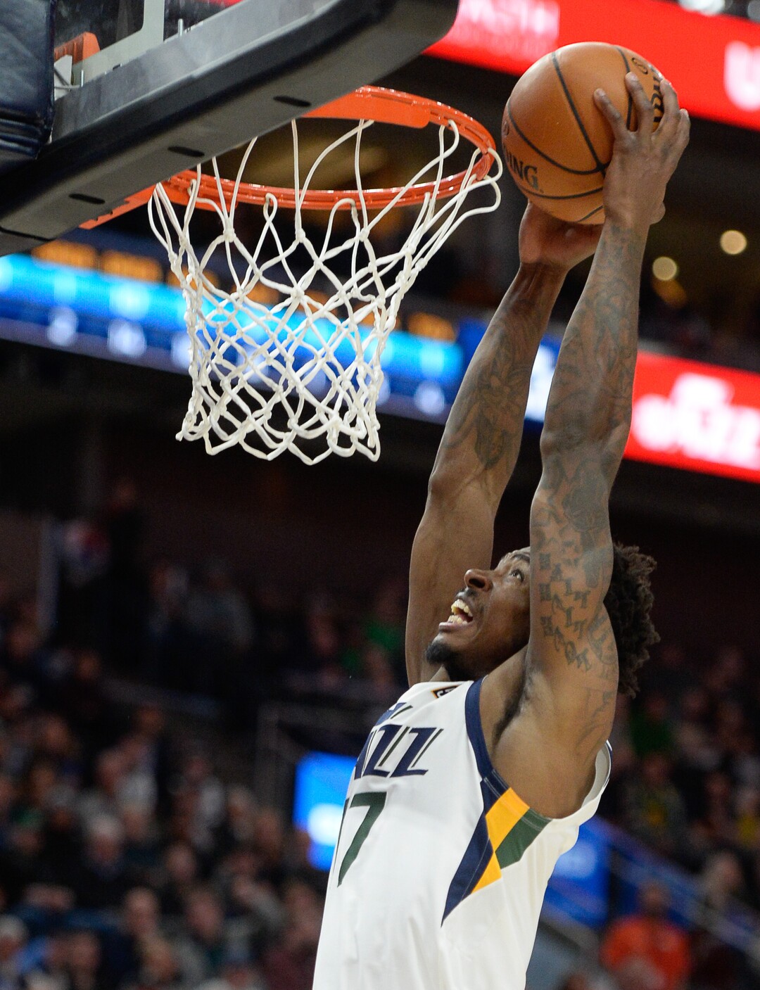 (Francisco Kjolseth  |  The Salt Lake Tribune) Utah Jazz center Ed Davis (17) slams the ball in the hoop as the Utah Jazz host the Orlando Magic in their NBA basketball game at Vivint Smart Home Arena in Salt Lake City on Tuesday. Dec. 17, 2019.