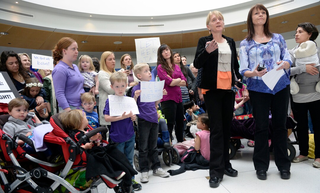 (Al Hartmann  |  The Salt Lake Tribune)  Judi Hilman with Salt Lake Indivisible and Sharlee Glenn with Mormon Women for Ethical Government gathered with Mormon women and other concerned citizens at the Salt Lake City Airport in a show of solidarity for an area woman, Isabel, who has been ordered to leave the United States by ICE agents. 
ICE  escorted her onto a flight bound for Columbia. Isabel is a single mother and is the sole caretaker for her disabled son and her 86-year-old mother.