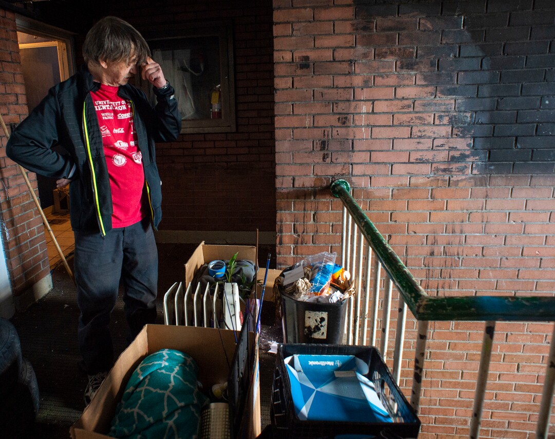 (Rick Egan | The Salt Lake Tribune)   Dan Marcotte, stands with his belongings outside his apartment, while he tries to figure out where he will live, less than an hour before the deadline to leave the Georgia apartment complex, Saturday, Feb. 16. 2019