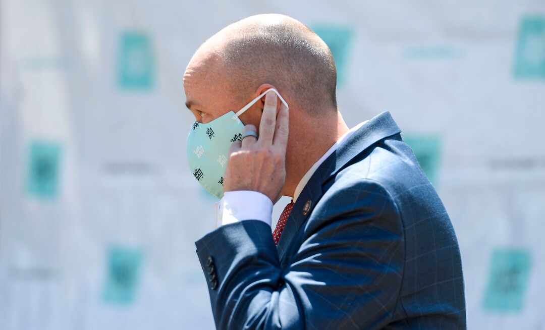 (Leah Hogsten  |  The Salt Lake Tribune) Lieutenant Governor Spencer Cox puts his Live On mask back on after promoting a 3-year campaign to promote education, provide resources, and change the culture around suicide and mental health in Utah on Thursday. The statewide campaign, Live On, is a statewide effort to help Utahns struggling with isolation, job loss and increased stress and anxiety surrounding COVID-19.