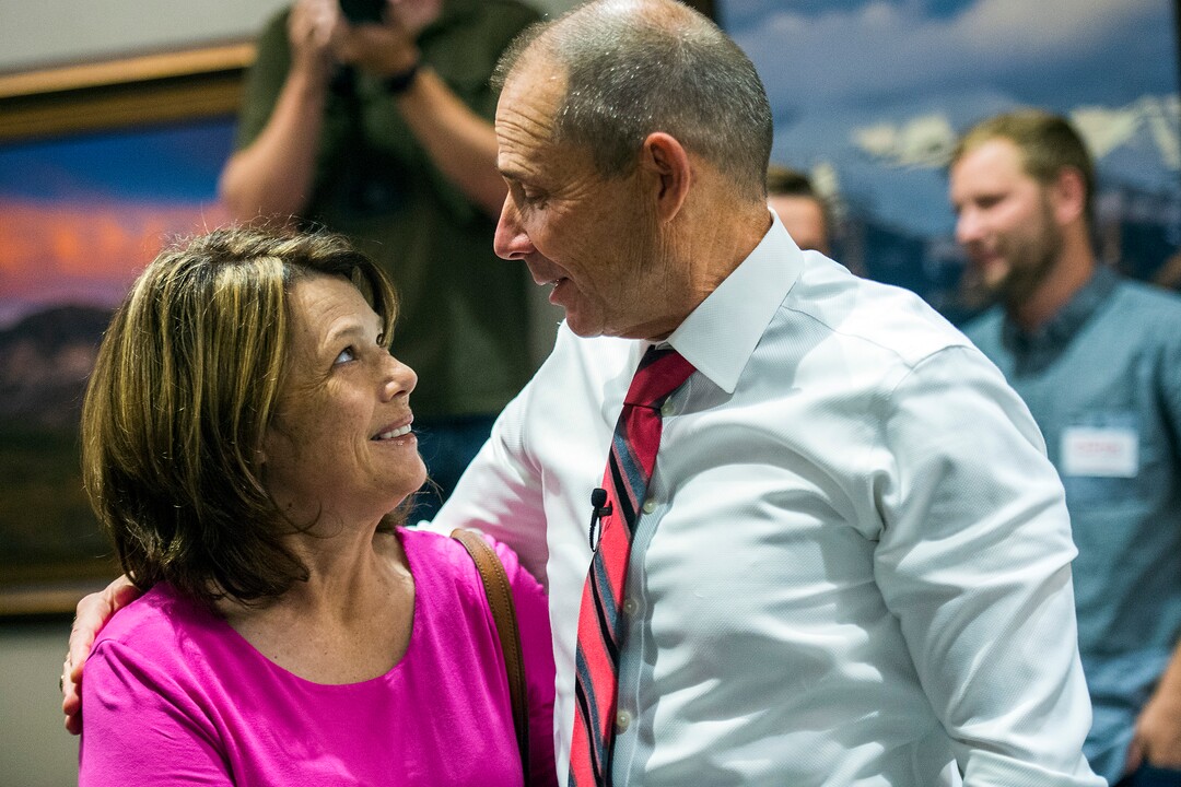 (Chris Detrick  |  The Salt Lake Tribune)  Provo Mayor John Curtis talks with his sister Kristine McLeod during his election night party at the Provo Marriott Hotel & Conference Centerr Tuesday, August 15, 2017. 