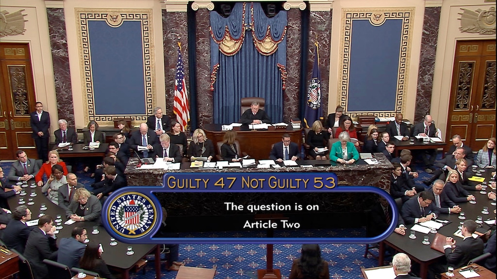 (Senate Television via AP) In this image from video, the vote total, 53-47 for not guilty, on the second article of impeachment, obstruction of congress, is displayed on screen during the impeachment trial against President Donald Trump in the Senate at the U.S. Capitol in Washington, Wednesday, Feb. 5, 2020.