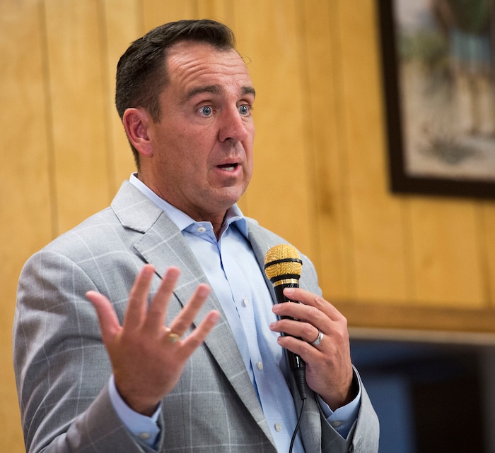 (Rick Egan  |  The Salt Lake Tribune)  Speaker Greg Hughes talks about the homeless problem with westside residents who say that the crackdown on crime in the Rio Grande area has pushed homeless people and drug activity toward their neighborhoods. Friday, August 25, 2017.


