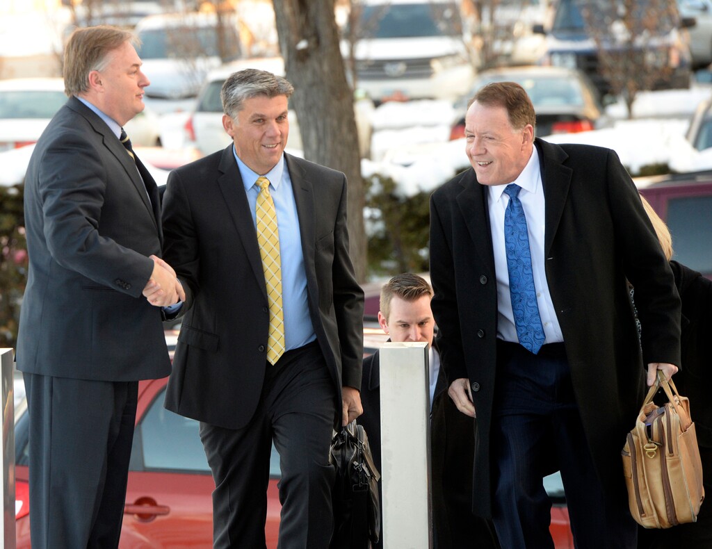 Al Hartmann | The Salt Lake Tribune
San Juan County Commissioner Phil Lyman, middle, walks to sentencing hearing in Federal Court in Salt Lake City Friday Dec. 18. He faces up to one year in jail for his role in organizing, promoting and leading the 2014 ATV protest in Recapture Canyon.