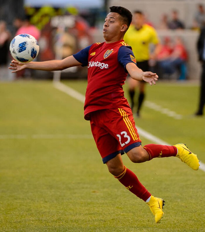 (Trent Nelson | The Salt Lake Tribune)  
Real Salt Lake midfielder Sebastian Saucedo (23) as Real Salt Lake hosts Houston Dynamo, MLS Soccer at Rio Tinto Stadium in Sandy, Utah, Wednesday May 30, 2018.