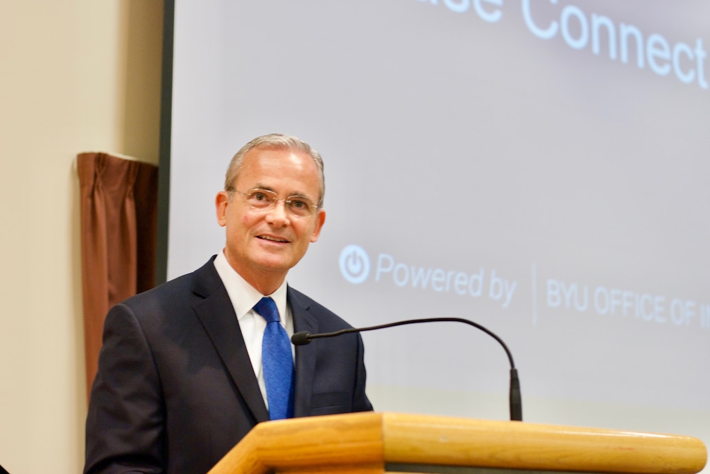 (Sara Tabin | The Salt Lake Tribune)  Elder Patrick Kearon shares his perspective on religious freedom June 19, 2019, at BYU.