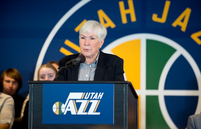 Lennie Mahler  |  The Salt Lake Tribune

Gail Miller, owner and chairman of The Larry H. Miller Group of Companies announces she will transfer ownership of the Utah Jazz and Vivint Smart Home Arena to a family-owned legacy fund Monday, Jan. 23, 2017.