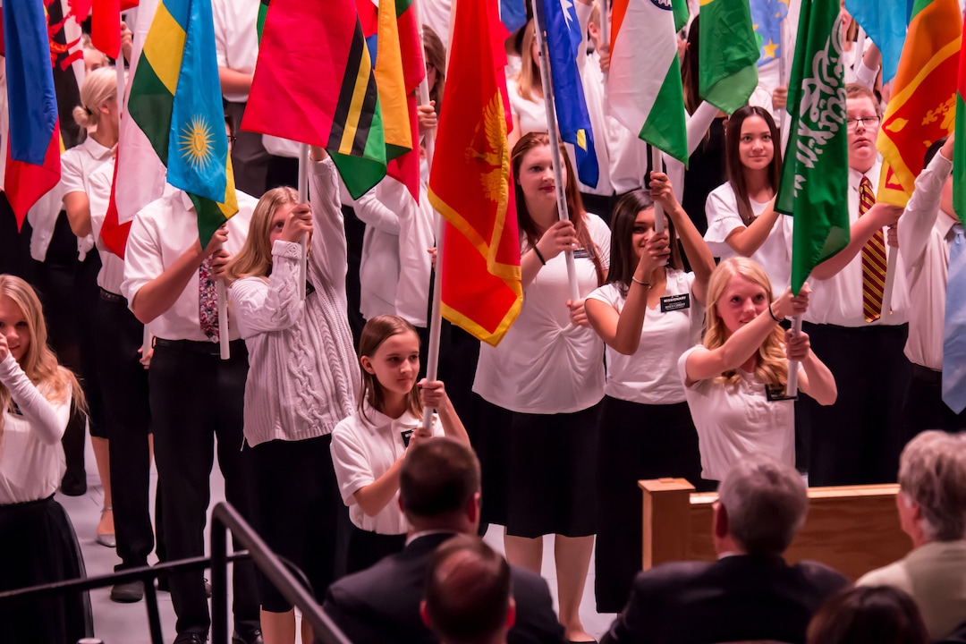 (Courtesy of the LDS Church) Latter-day Saint youths participating in the cultural celebration, December 9, 2017, marking the completion of the Cedar City Utah Temple carried flags of each of the countries in the world where members of The Church of Jesus Christ of Latter-day Saints reside.