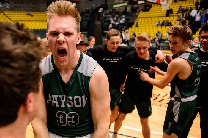 (Trent Nelson | The Salt Lake Tribune)  Payson vs. Sky View, 4A State high school basketball tournament at Utah Valley University in Orem, Thursday March 1, 2018. Payson's Braydon Bahr (3).