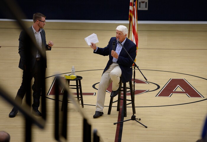 (Scott Sommerdorf   |  The Salt Lake Tribune)   
Congressman Rob Bishop during his town hall meeting held at center court on the Layton Christian Academy's basketball arena in Layton, Utah, Friday, August 25, 2017.