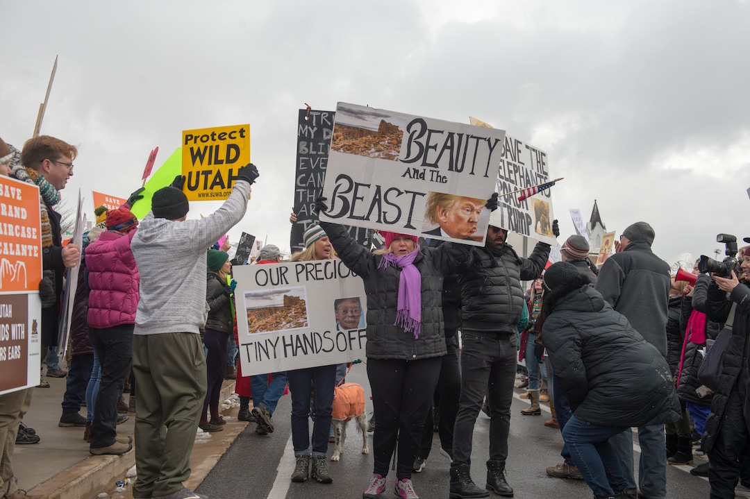 (Rachel Molenda  |  The Salt Lake Tribune)  Protesters gathered at the capitol building in Salt Lake City, Utah, on Monday, December 4, 2017, to protest President Donald Trump's plan to shrink Bears Ears and Grand Staircase-Escalante national monuments.