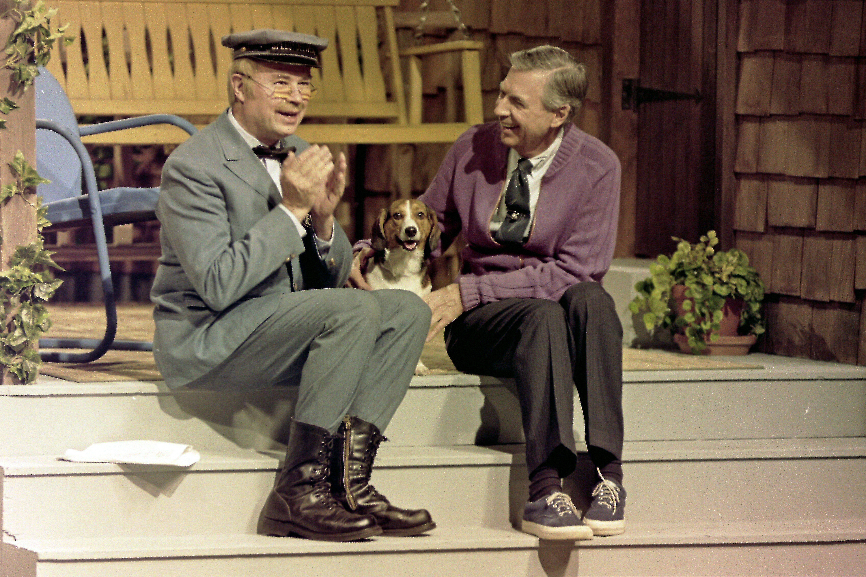 (Gene J. Puskar | AP file photo) Fred Rogers, right, talks with David Newell, aka Speedy Delivery's Mr. McFeely,  during a rehearsal for a segment of his television program "Mister Rogers' Neighborhood" in Pittsburgh on June 8, 1993.