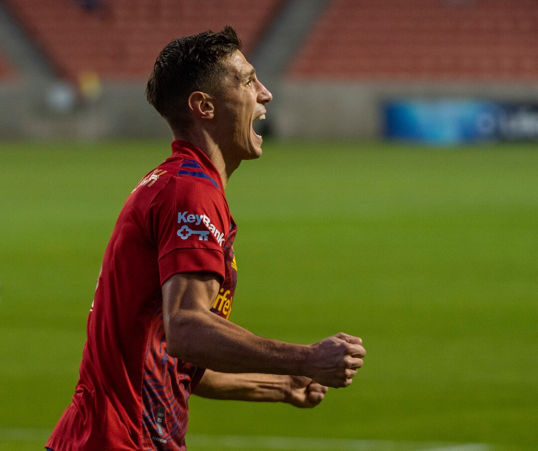(Rick Egan  |  The Salt Lake Tribune)   Real Salt Lake midfielder Damir Kreilach (8) reacts after scoring a goal for Real Salt Lake in the first period, in MLS soccer action between Real Salt Lake and Los Angeles FC at Rio Tinto Stadium, on Wednesday, Sept. 9, 2020.
