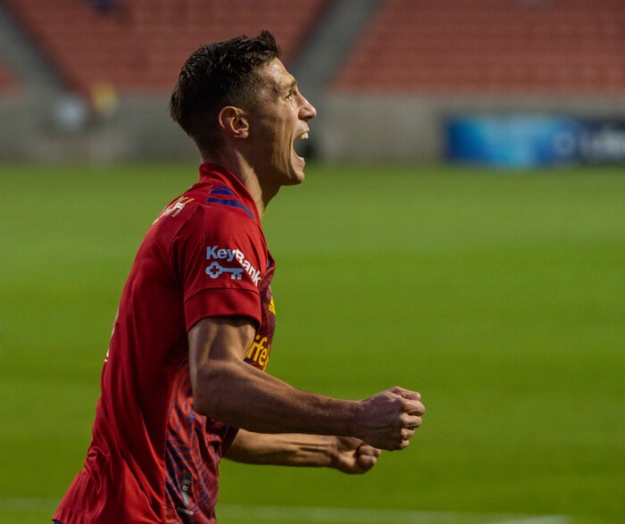 (Rick Egan  |  The Salt Lake Tribune)   Real Salt Lake midfielder Damir Kreilach (8) reacts after scoring a goal for Real Salt Lake in the first period, in MLS soccer action between Real Salt Lake and Los Angeles FC at Rio Tinto Stadium, on Wednesday, Sept. 9, 2020.