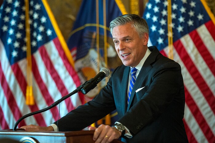 (Chris Detrick  |  The Salt Lake Tribune)  Jon M. Huntsman, Jr., U.S. Ambassador to Russia, speaks during an Ambassadorial Swearing in Ceremony at the Utah Capitol Saturday, October 7, 2017. 