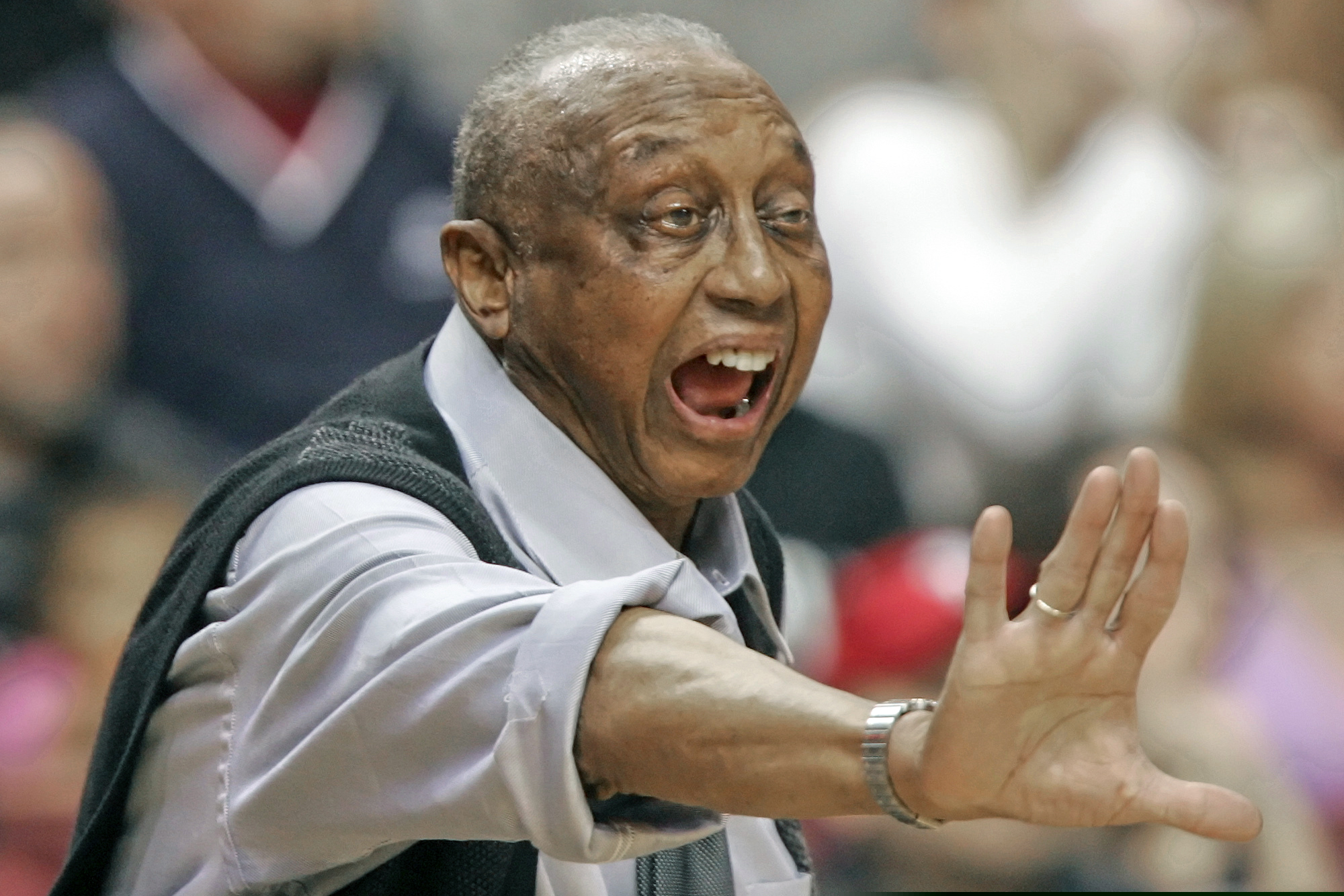 FILE - In this Feb. 25, 2006, file photo, Temple head coach John Chaney yells directions to his players during the the first half of an NCAA college basketball game against Duke in Philadelphia, in this Saturday, Feb. 25, 2006, file photo. John Chaney, one of the nation’s leading Black coaches and a commanding figure during a Hall of Fame basketball career at Temple, has died. He was 89. His death was announced by the university Friday, Jan. 29, 2021. (AP Photo/Tom Mihalek, File)