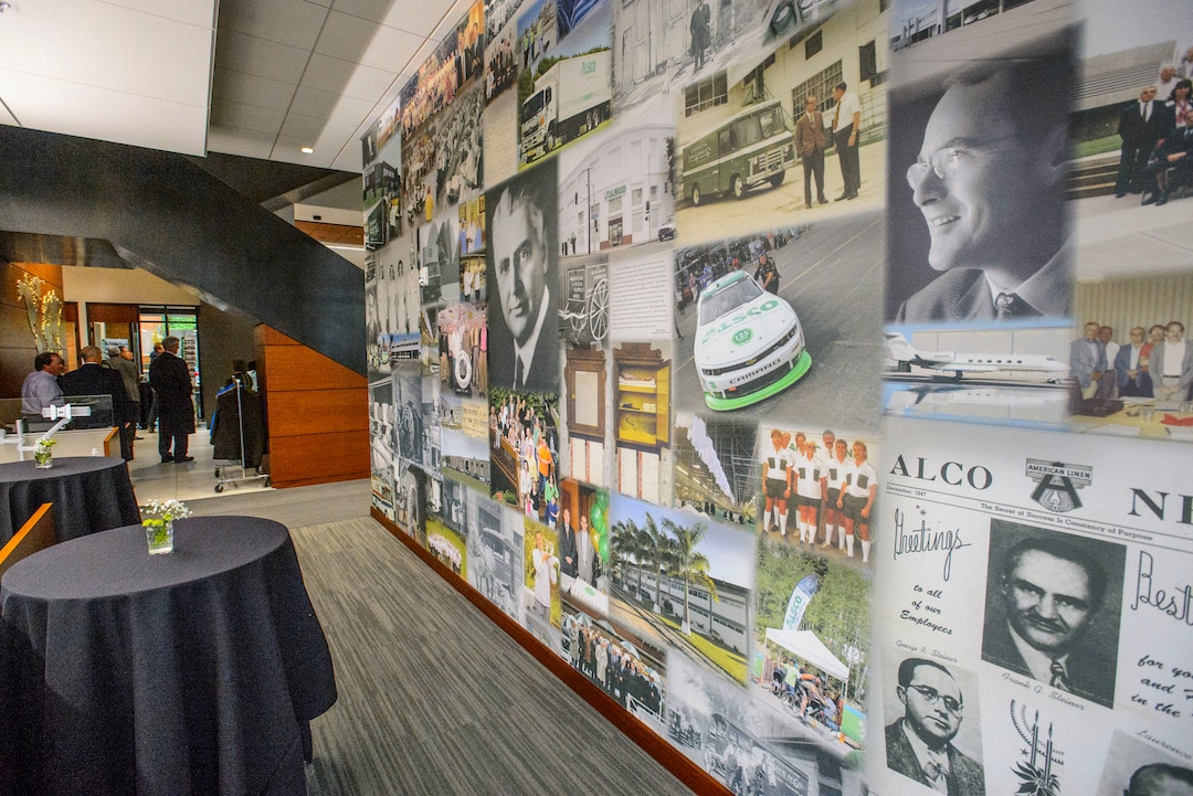 (Steve Griffin  |  The Salt Lake Tribune) The 128-year history of Alsco (short for American Linen Supply Co.) and some of the key figures in its past and present are prominent features inside the company's new headquarters at 505 E. 200 South in Salt Lake City. Not a well-known name, Alsco is one of Utah's largest companies with 17,000 employees who deliver collect, clean and deliver uniforms and linens to more than 300,000 customers in 13 countries. The building was designed by ajc architects and erected by Big-D Construction.