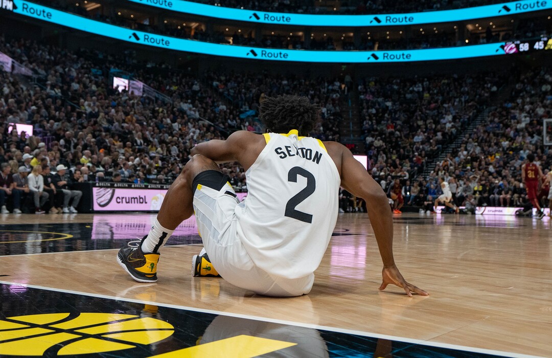 (Francisco Kjolseth  |  The Salt Lake Tribune) Utah Jazz guard Collin Sexton (2) takes a moment to get back up during their loss to the Cleveland Cavaliers 113-129 at the Delta Center in Salt Lake City on Tuesday, April 2, 2024.