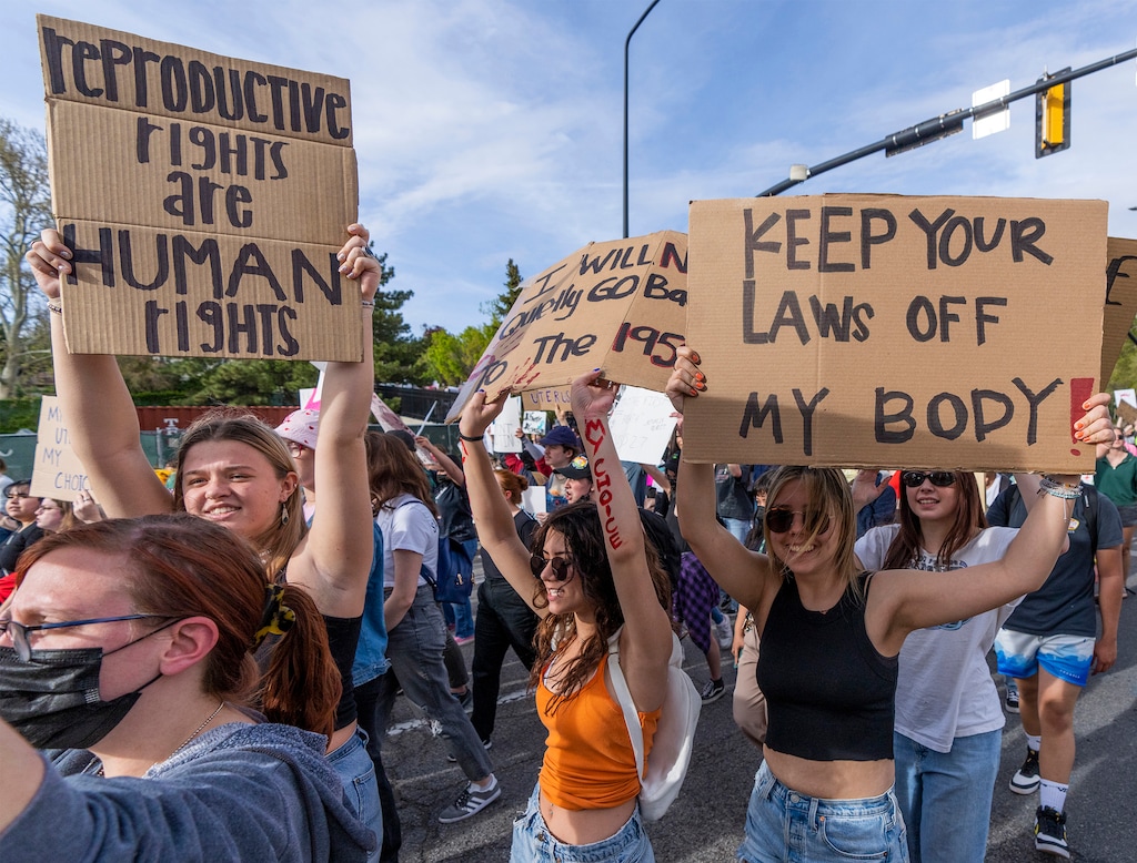 (Rick Egan | The Salt Lake Tribune) Hundreds of protesters march in the streets after a rally at the Capitol for a "Fight fo the Right to Choose" rally on Thursday, May 5, 2022.