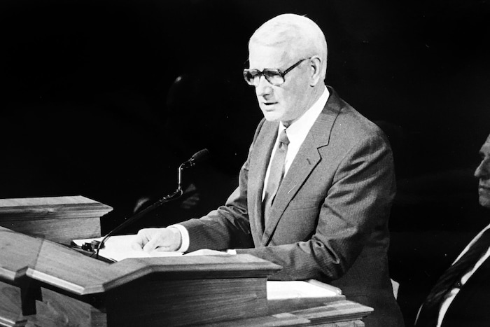 (Tribune file photo) Dean Larsen speaks in General Conference in 1987. The official historian for The Church of Jesus Christ of Latter-day Saints from 1985 to 1997 died Oct. 28, 2019. Larsen was 92.