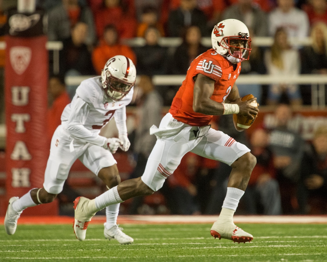 (Rick Egan  |  The Salt Lake Tribune)  Utah Utes quarterback Troy Williams (3) runs for a first down on a quarterback keeper, in PAC-12 football action, at Rice-Eccles Stadium, Saturday, October 7, 2017.