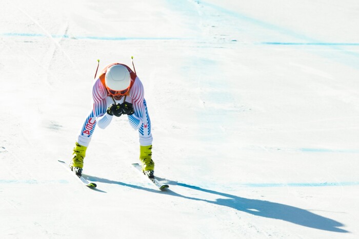 (Chris Detrick  |  The Salt Lake Tribune)  USA's Bryce Bennett competes in the Men's Alpine Combined at Jeongseon Alpine Centre during the Pyeongchang 2018 Winter Olympics Tuesday, February 13, 2018.  Bennett finished the downhill section in 23rd place with a time of 1:21.18.
