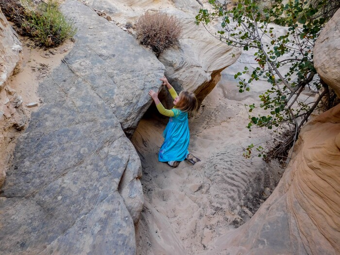 (Erin Alberty | The Salt Lake Tribune) The writer's daughter, Saskia, plays in Surprise Canyon on Oct. 4, 2015 at Capitol Reef National Park.