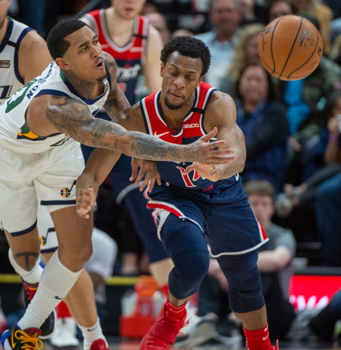 (Rick Egan  |  The Salt Lake Tribune)    Utah Jazz guard Jordan Clarkson (00) knocks the ball from Washington Wizards guard Ish Smith (14), in NBA action between the Utah Jazz and the Washington Wizards, in Salt Lake City, Friday, February 28, 2020