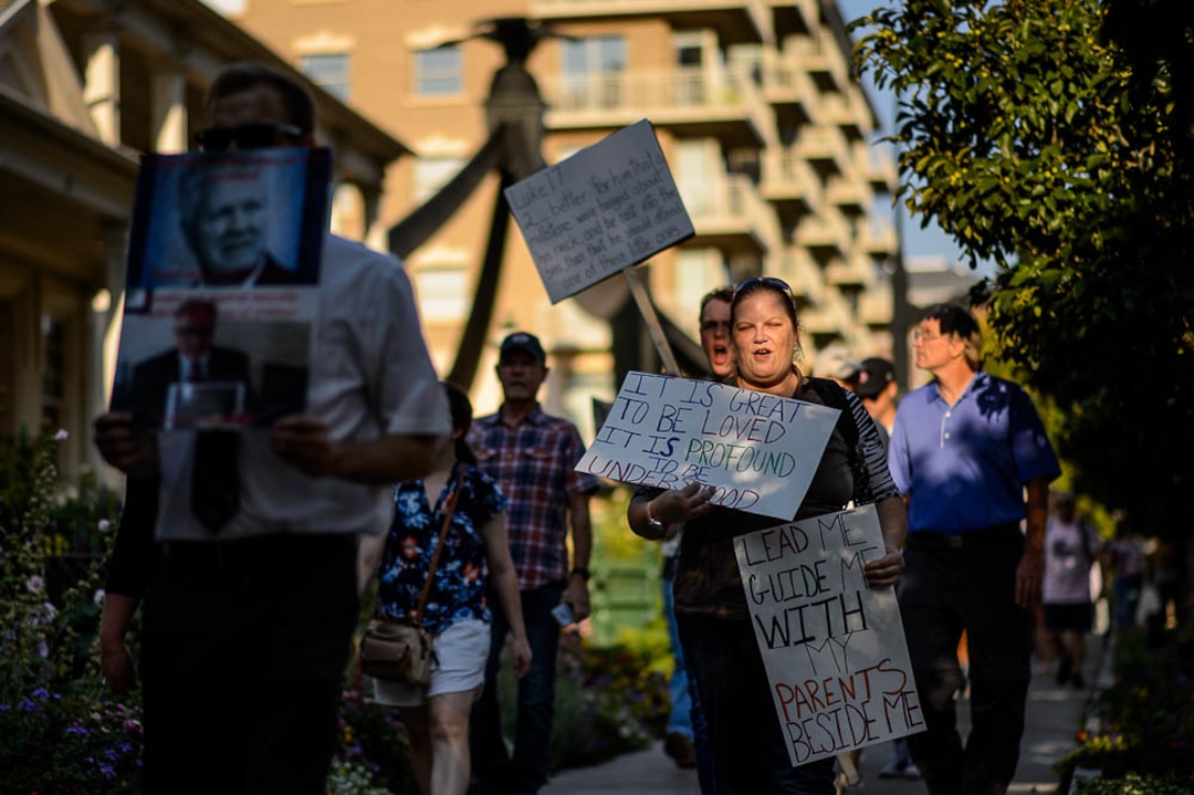 (Trent Nelson | The Salt Lake Tribune)  People gathered in front of the LDS Church Administration Building Salt Lake City, Sunday Sept. 9, 2018 in support of Sam Young. Young was in a disciplinary hearing tonight after he made calls for changes to the church's youth interview process.