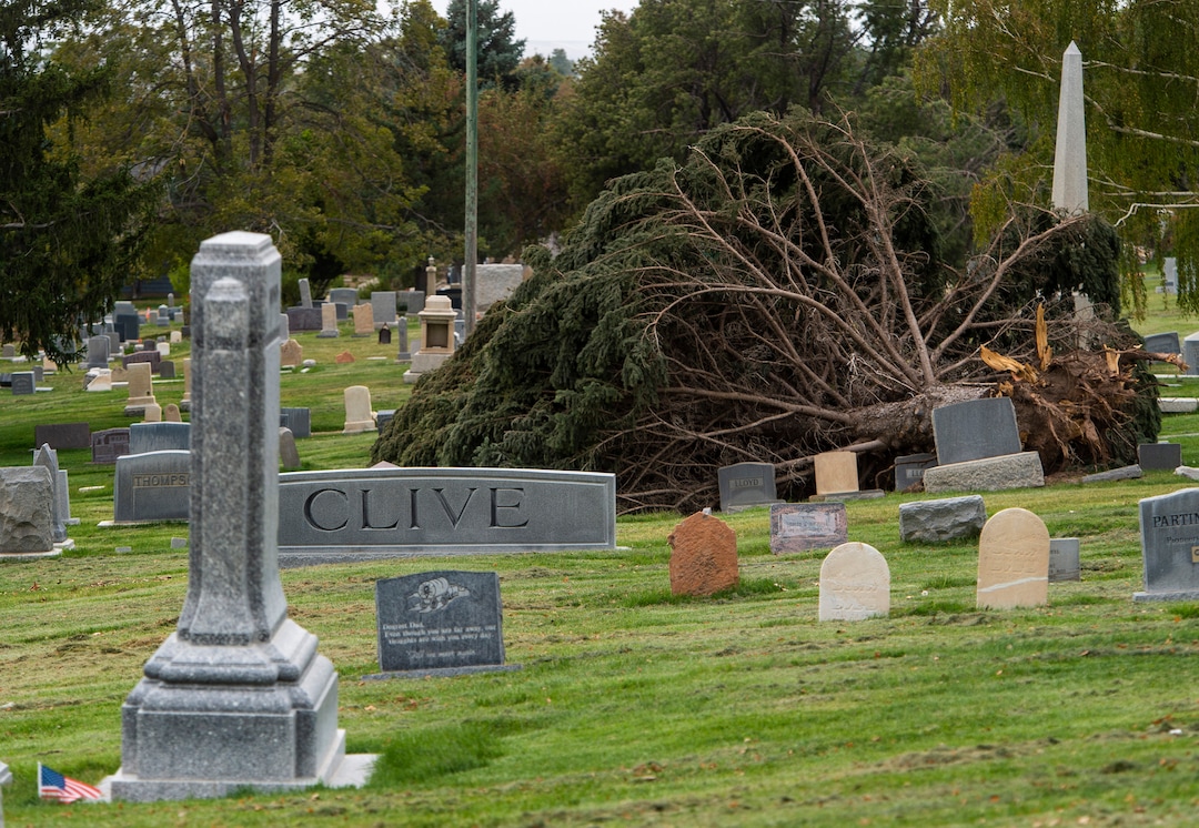 (Rick Egan  |  The Salt Lake Tribune)    Hundreds of headstones in the Salt Lake City Cemetery were damages in the recent wind storm, Friday, Sept. 18, 2020.