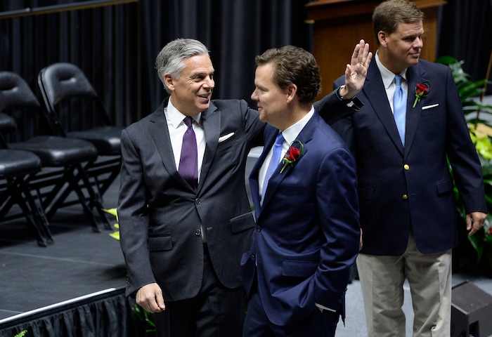 Scott Sommerdorf | The Salt Lake Tribune
Ambassador Jon Huntsman Jr. waves as people arrive at the funeral services for Jon M. Huntsman, Sr., Saturday, February, 10, 2018. 
