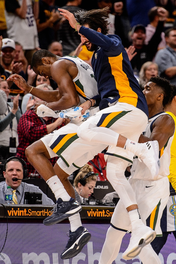 (Trent Nelson | The Salt Lake Tribune)  Utah Jazz guard Alec Burks (10) runs the court after leading a fourth quarter comeback as the Utah Jazz host the Denver Nuggets, NBA basketball in Salt Lake City, Wednesday October 18, 2017.