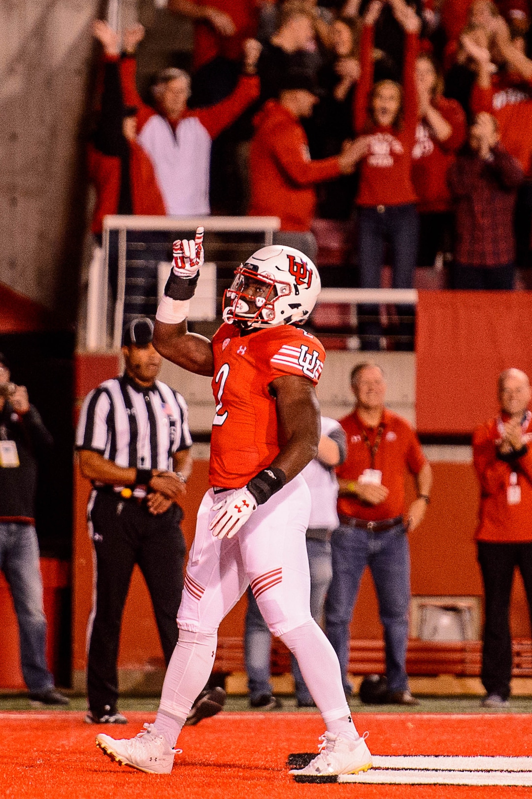 (Trent Nelson | The Salt Lake Tribune)  Utah Utes running back Zack Moss (2) scores a touchdown as the University of Utah hosts Stanford, NCAA football at Rice-Eccles Stadium in Salt Lake City Saturday October 7, 2017.