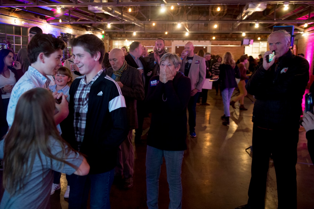 (Jeremy Harmon  |  The Salt Lake Tribune) Salt Lake City mayoral candidate Erin Mendenhall supporters watch as early results come in on election night Tuesday, November 5, 2019.