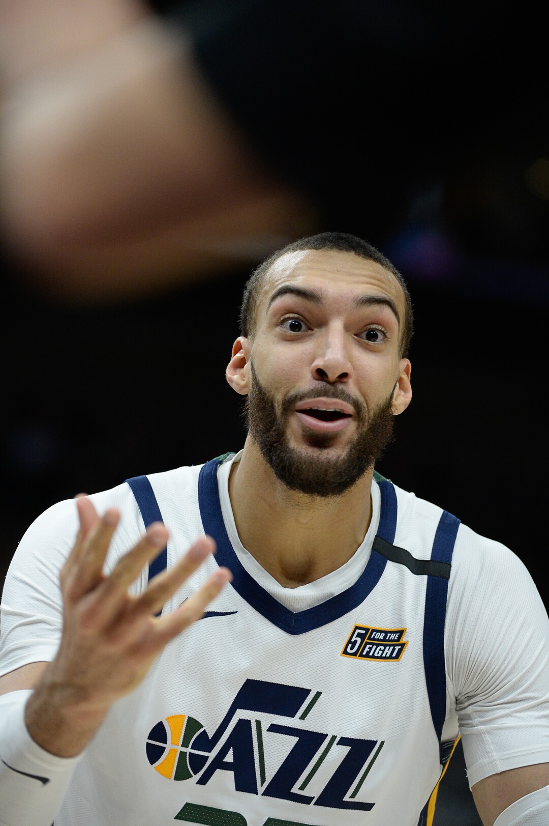 (Francisco Kjolseth  |  The Salt Lake Tribune) Utah Jazz center Rudy Gobert (27) argues a call as the Utah Jazz host the Denver Nuggets in their NBA basketball game at Vivint Smart Home Arena in Salt Lake City on Wednesday, Feb. 5, 2020.