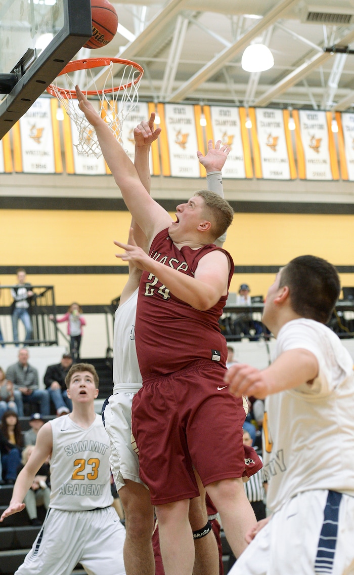 (Leah Hogsten  |  The Salt Lake Tribune) Juab's Raiden Gould for two. Juab High School boys' basketball team defeated Summit Academy 61-58 during their 3A State tournament game in Heber  Saturday, Feb. 16, 2018.