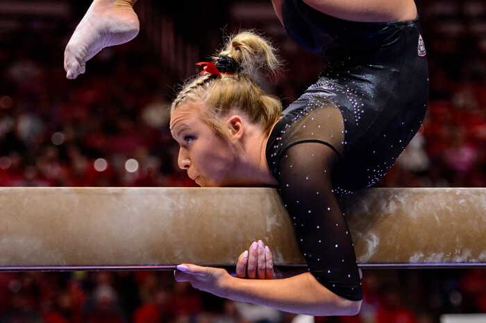 (Trent Nelson  |  The Salt Lake Tribune) Abby Paulson on the beam as the University of Utah hosts Arizona State, NCAA gymnastics in Salt Lake City on Friday, Jan. 24, 2020.