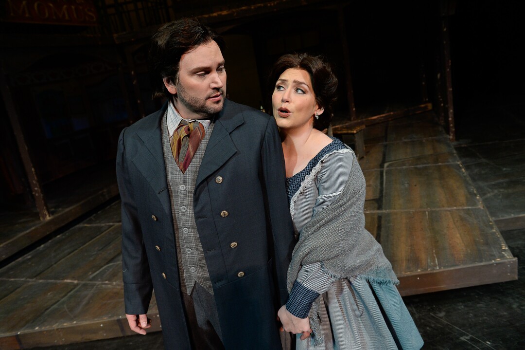 (Francisco Kjolseth  |  The Salt Lake Tribune)  Utah Opera's season opener, "La bohème," Puccini's popular tearjerker about starving artists in turn-of-the-century Paris, opens for five shows on Oct. 7, 2017. On set were: Jennifer Black (Mimì) and Scott Quinn (Rodolfo), acting out various scenes.