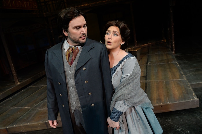 (Francisco Kjolseth  |  The Salt Lake Tribune)  Utah Opera's season opener, "La bohème," Puccini's popular tearjerker about starving artists in turn-of-the-century Paris, opens for five shows on Oct. 7, 2017. On set were: Jennifer Black (Mimì) and Scott Quinn (Rodolfo), acting out various scenes.