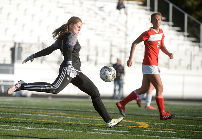 (Scott Sommerdorf   |  The Salt Lake Tribune)   Corner Canyon goalkeeper kicks a goal kick during second half play. East beat Corner Canyon 4-1 in a Class 5A girls' soccer state quarterfinal, Thursday, October 12, 2017. 