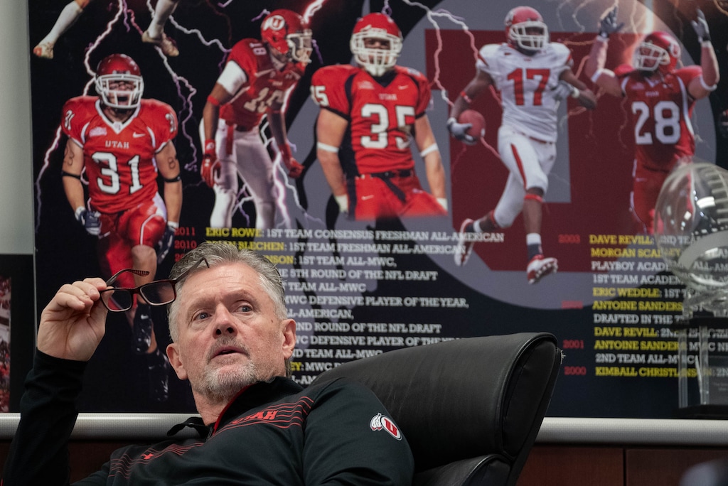 (Francisco Kjolseth | The Salt Lake Tribune) Utah football head coach Kyle Whittingham listens to his defensive coordinator and safeties coach Morgan Scalley answer questions during a news conference at the University of Utah on Tuesday, Jan. 14. 2025.