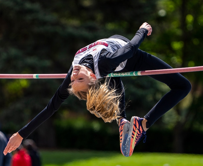(Rick Egan | The Salt Lake Tribune) Cale Torgerson, North Sevier, competes in the the 2A finals of the Girl's high jump, at the Utah High School State Track Meet, at BYU on Friday, May 20, 2022.
