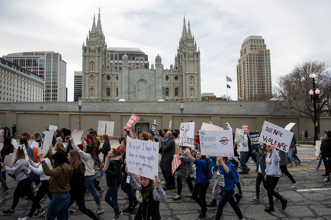 (Chris Detrick  |  The Salt Lake Tribune)  Participants march from West High School to the state Capitol during the March for Our Lives SLC Saturday, March 24, 2018. The student-led March for Our Lives SLC got underway about 11:30 a.m. with what police estimated were 8,000 participants walking from Salt Lake CityÕs West High School to the front steps of the state Capitol.